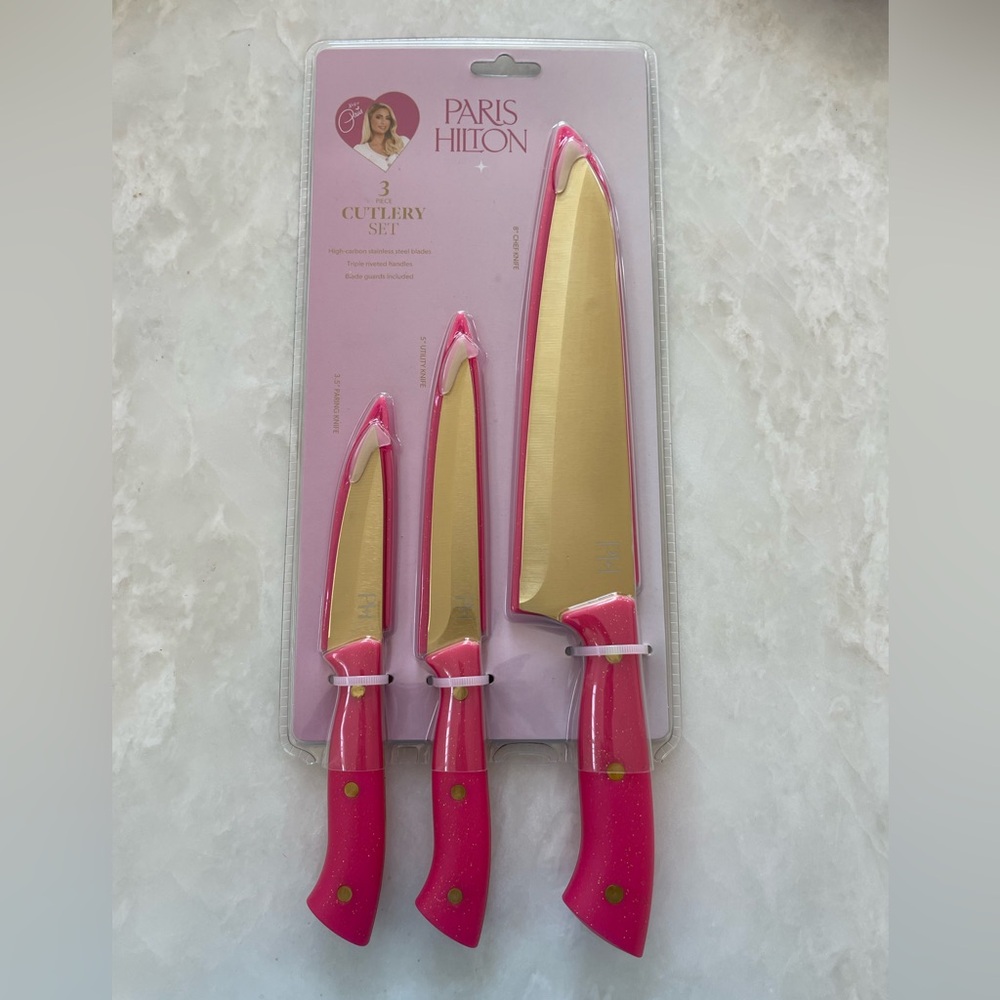 🎀Paris Hilton 3 piece Barbie core  Hot Pink & Gold Knife set New